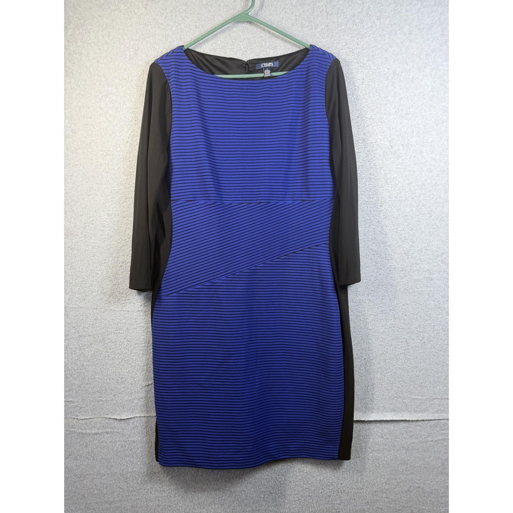 Chaps Dress Womens 16 Blue Black Stripedβ 3/4 Sleeve Knit Sheath Career Workwear